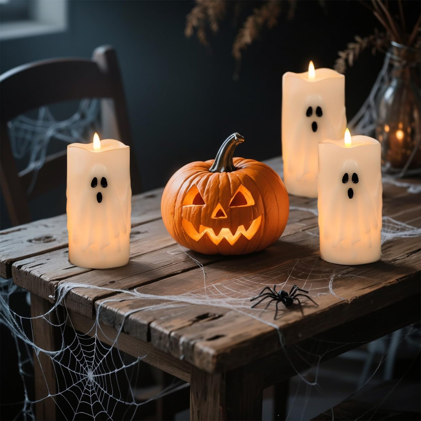 Eldnacele Spooky Ghost Halloween Flameless Candles Battery Operated with Remote & Timer Set of 2 LED Flickering Pillar Candles White Real Wax 3D Wick Long Lasting Home Indoor Decor (3" D x 6.5" H)