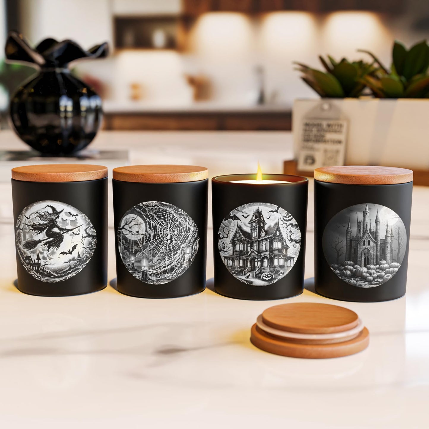 NATIKON 9oz Black Glass Candle Jars with Airtight Lids - Pack of 4 with Haunted House, Castle & Witch Designs for Candle Making & Storage (4)