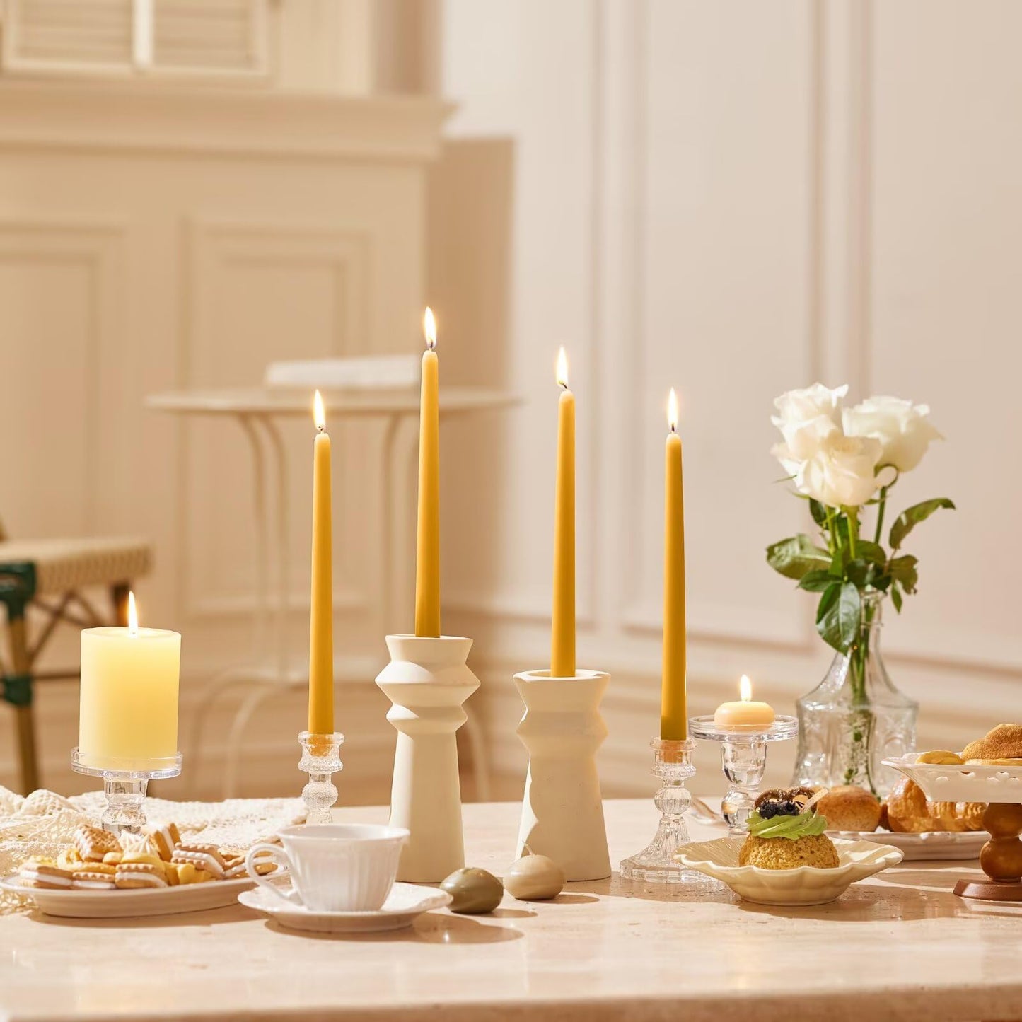 Pickood 12-Inch Tall Dripless Taper Candles Set of 4 - Mustard Yellow Tapered Candles, Perfect for Spring - Smokeless, Unscented, Long Burning - Hand Poured, Colored Tall Candlesticks - Mustard