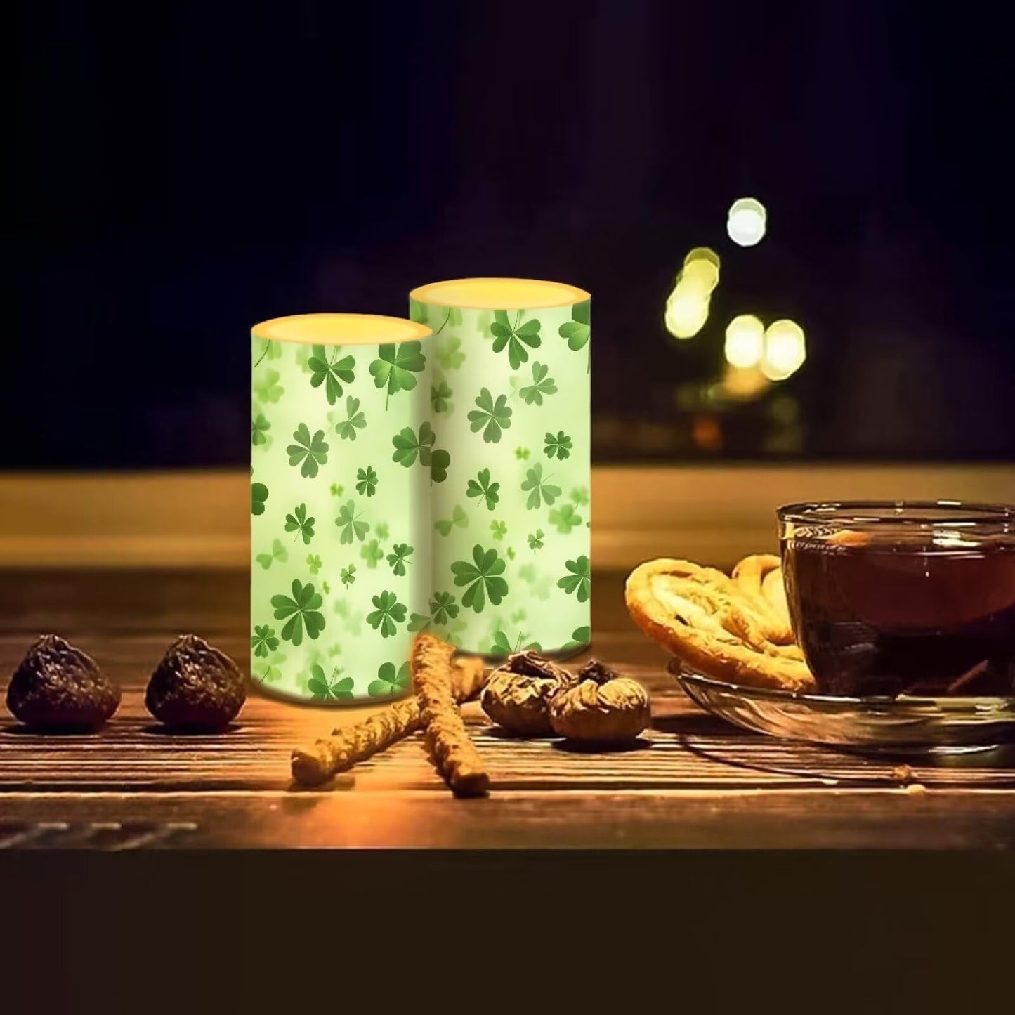 Luarisgur Green Leaves Candles Battery Operated Flameless Candles with Remote Fall Decorations LED Fake Candles for Home Bedroom St Patricks Day Table Decor 3 inch Set of 2