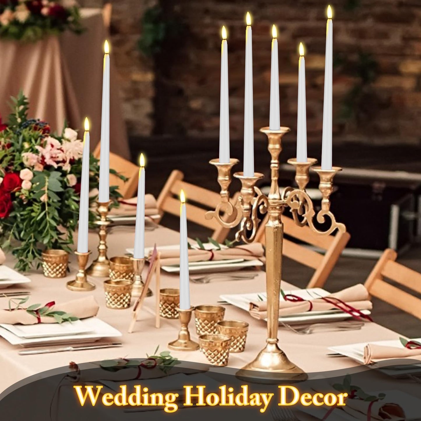 Rossesay 64 Pcs Wedding Flameless LED Taper Candles Battery Operated Candles 4 Sizes of 8.5'', 9.65'', 10.83'', 12.8'' Candlesticks Flickering for Halloween Christmas Church Wedding(White)
