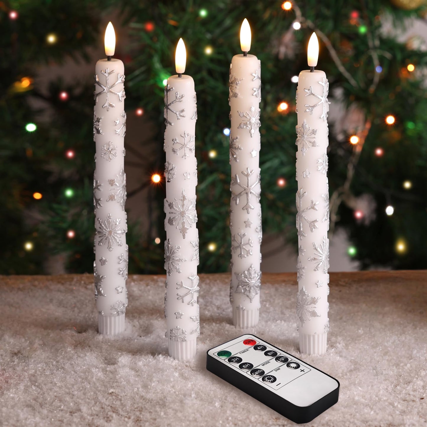 Eywamage White Snowflakes Christmas Flameless Taper Candles with Remote, Flickering LED Wax Candlesticks Set of 4