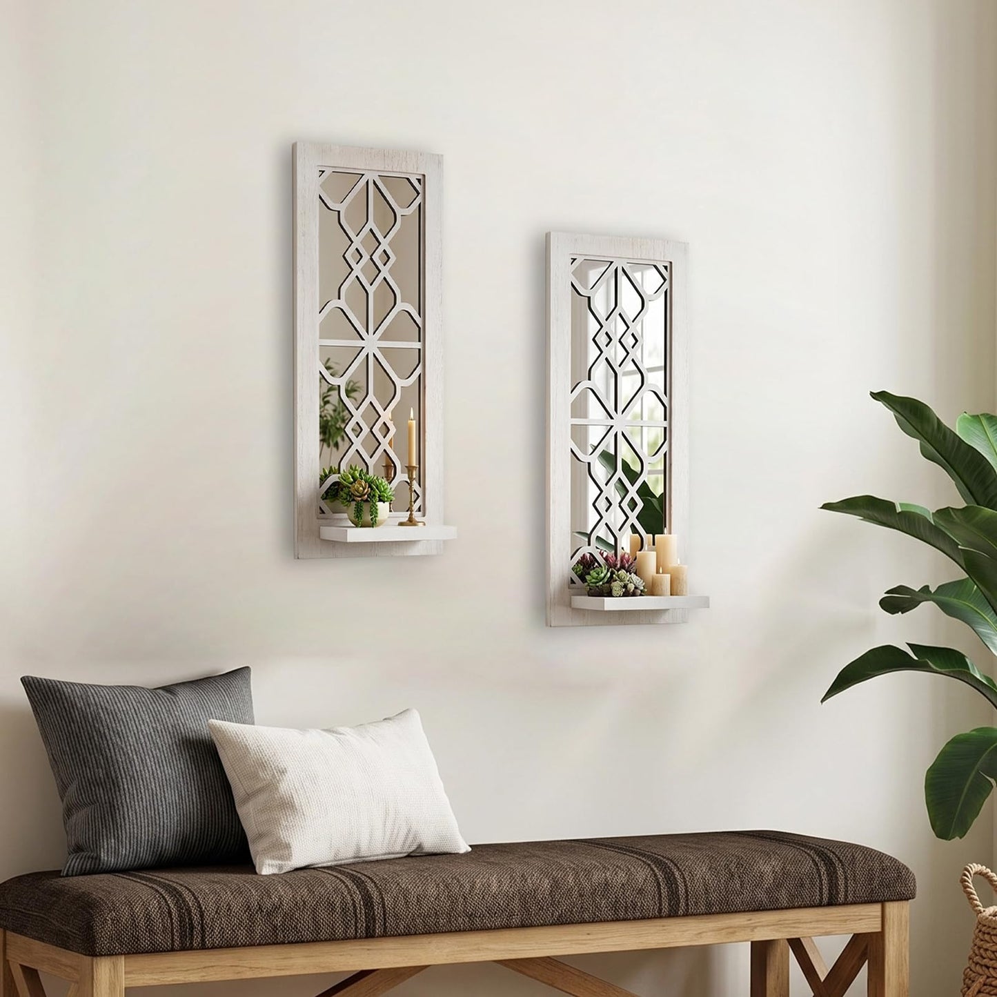 ZEXUIRU 2 Set Rustic Candle Sconces Living Room Bedroom Entryway Wood Mirrored, Farmhouse, Carved Frame Wall-Mount Wooden Candle Holders Wall Decor Hanging Handmade Holder - Distressed White