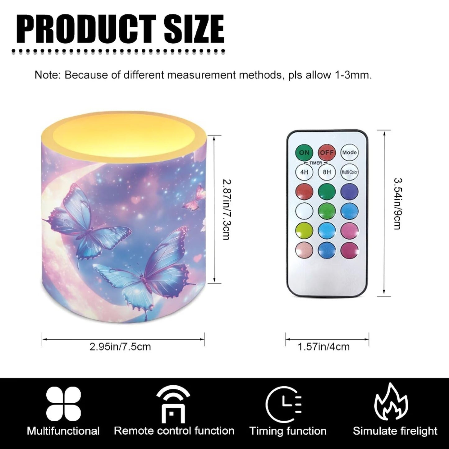 NETILGEN 4 Packs Flameless Candles with Remote Timer Color Changing 3 inch Flickering Flameless Candles with Battery Operated Moon Blue Butterfly Print