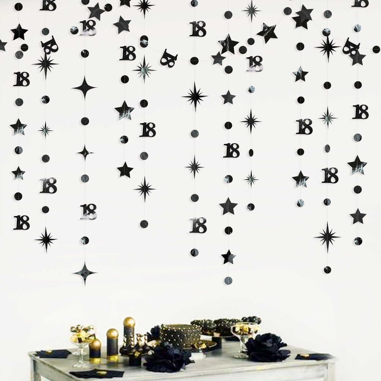 Black 18th Birthday Decorations Number 18 Circle Dot Twinkle Star Garland Metallic Streamer Banner Backdrop for Girls Boys Happy 18th Birthday Time to Adult Cheers to 18 Years Old Anniversary Party