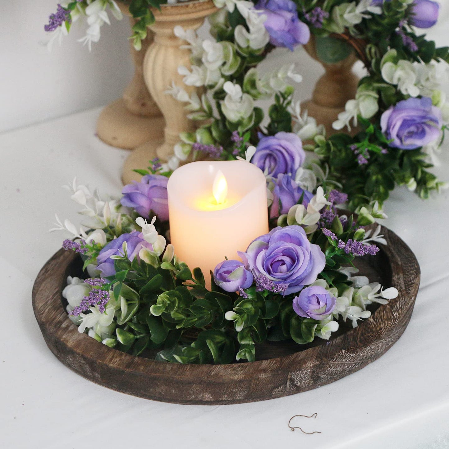 Acmee 4 Pcs Purple Rose Candle Rings - Artificial Floral Wreaths with Eucalyptus Leaves Greenery Flower Wreaths for Pillar Farmhouse Wedding Centerpiece Party Home Decor