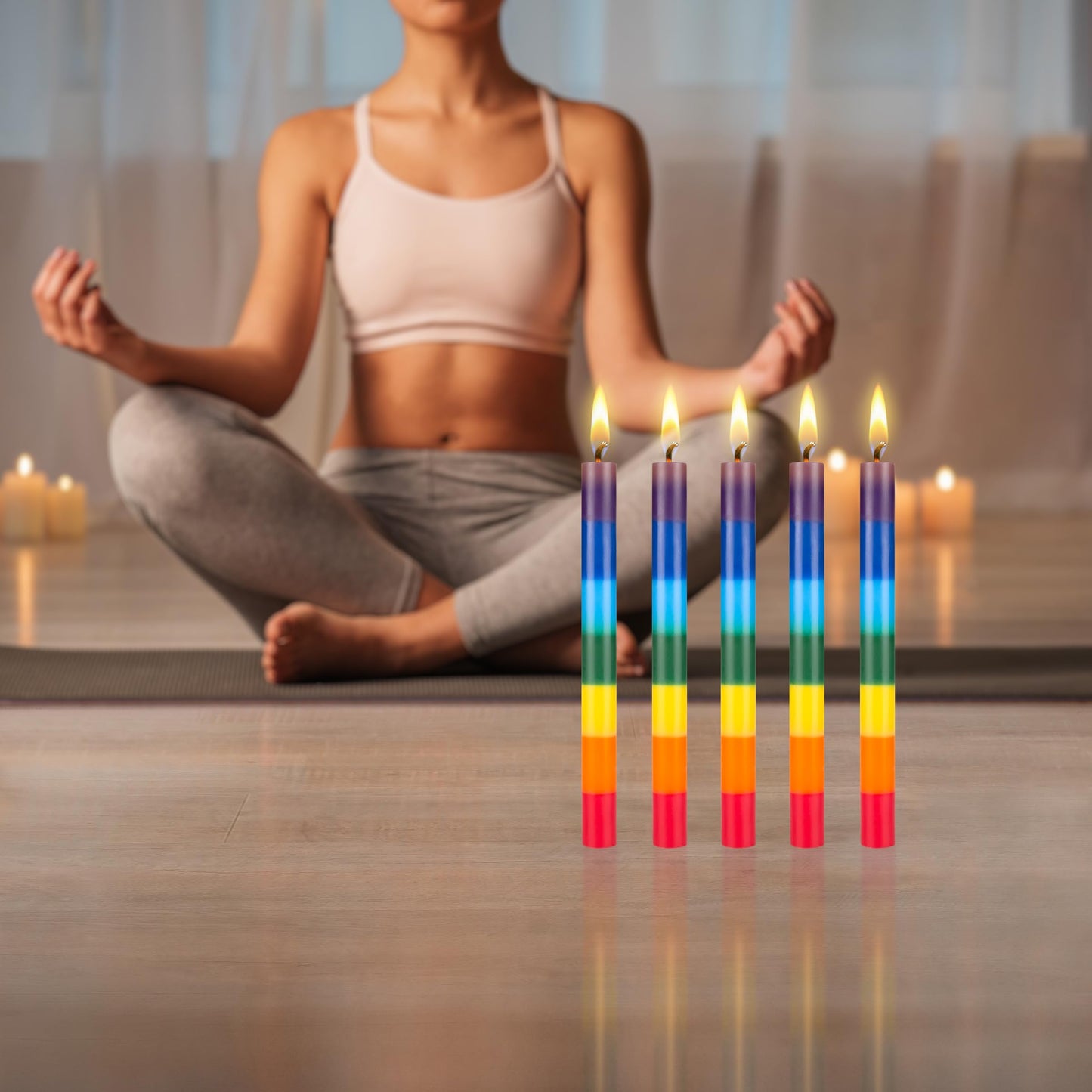 Mega Candles 10 pcs Unscented Multi Color Straight Taper Chakra Candles, Hand Poured Premium Wax Candle 10 Inch x 1 Inch, 100% Cotton Wick, Positive Healing Energy, Meditation, Relaxation, Reiki, Yoga