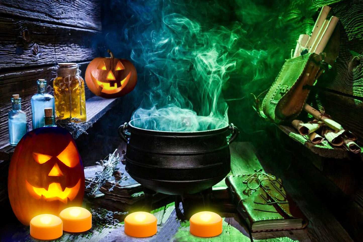 Yakpo 4 Pack Battery Operated Timer Halloween LED Pumpkin Lights with Remote, Flameless Flickering Orange Jack O Lantern Light, Outdoor Electric Orange Candle for Halloween Pumpkin Decorations