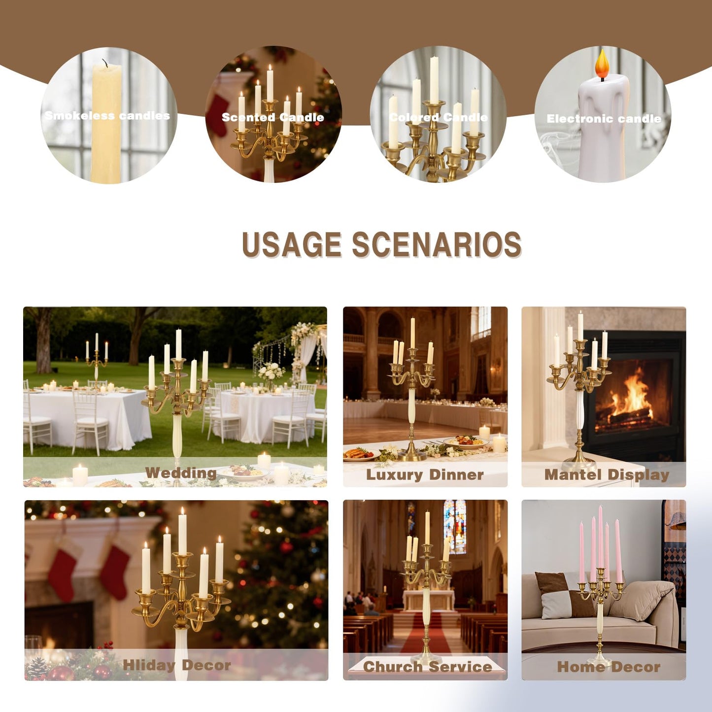 5 Arms Brass Plated Metal Candelabra Candle Stand Candlestick Holder for Wedding Dining Table Christmas Party and Indoor Home Decoration