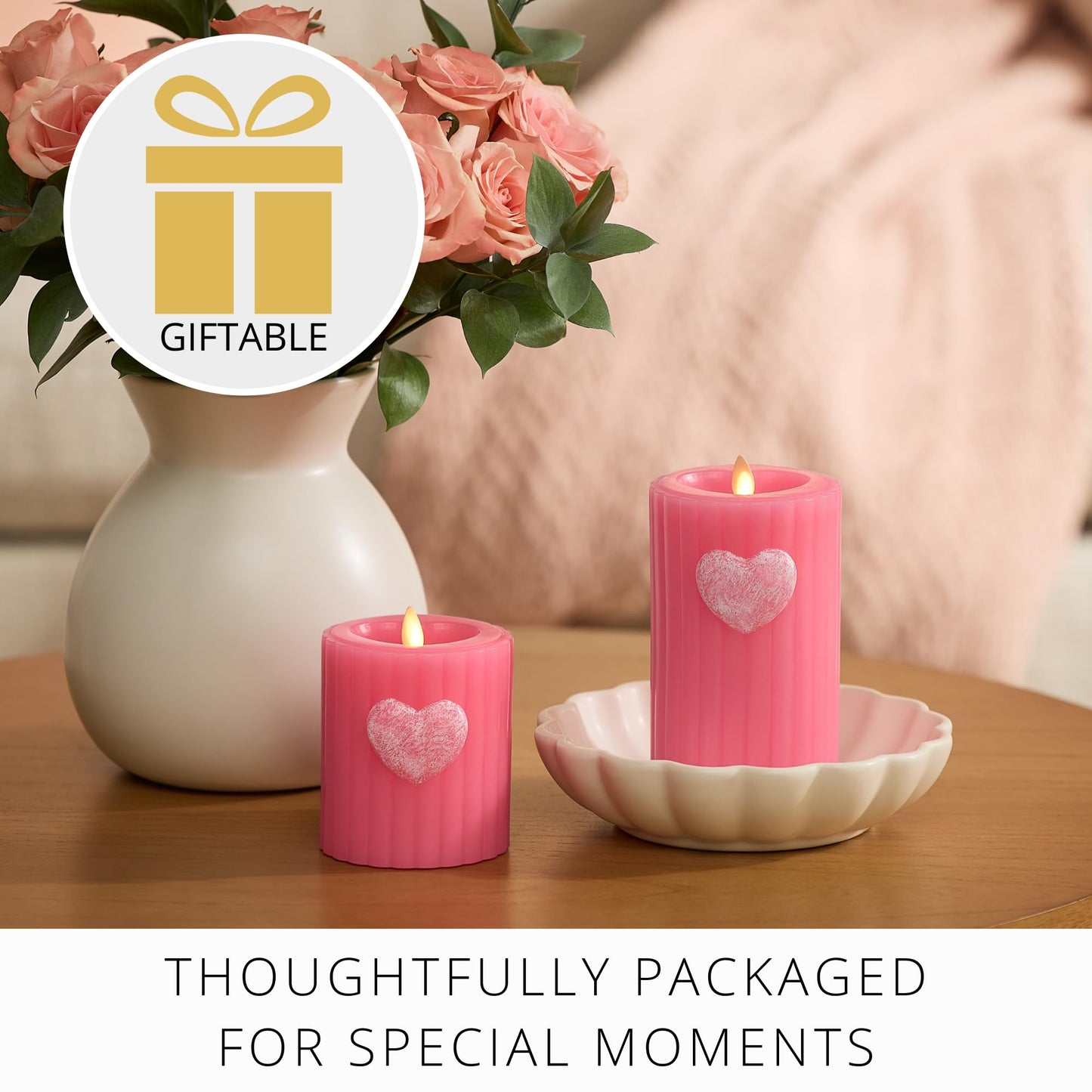 Luminara Flickering Flameless 3.7" x 6.5" Pillar Candle, Battery Operated Remote Ready (Sold Separately) & Timer Function, LED Light, Ribbed Real Pink Wax w/Embossed Heart Design for Valentine's Day