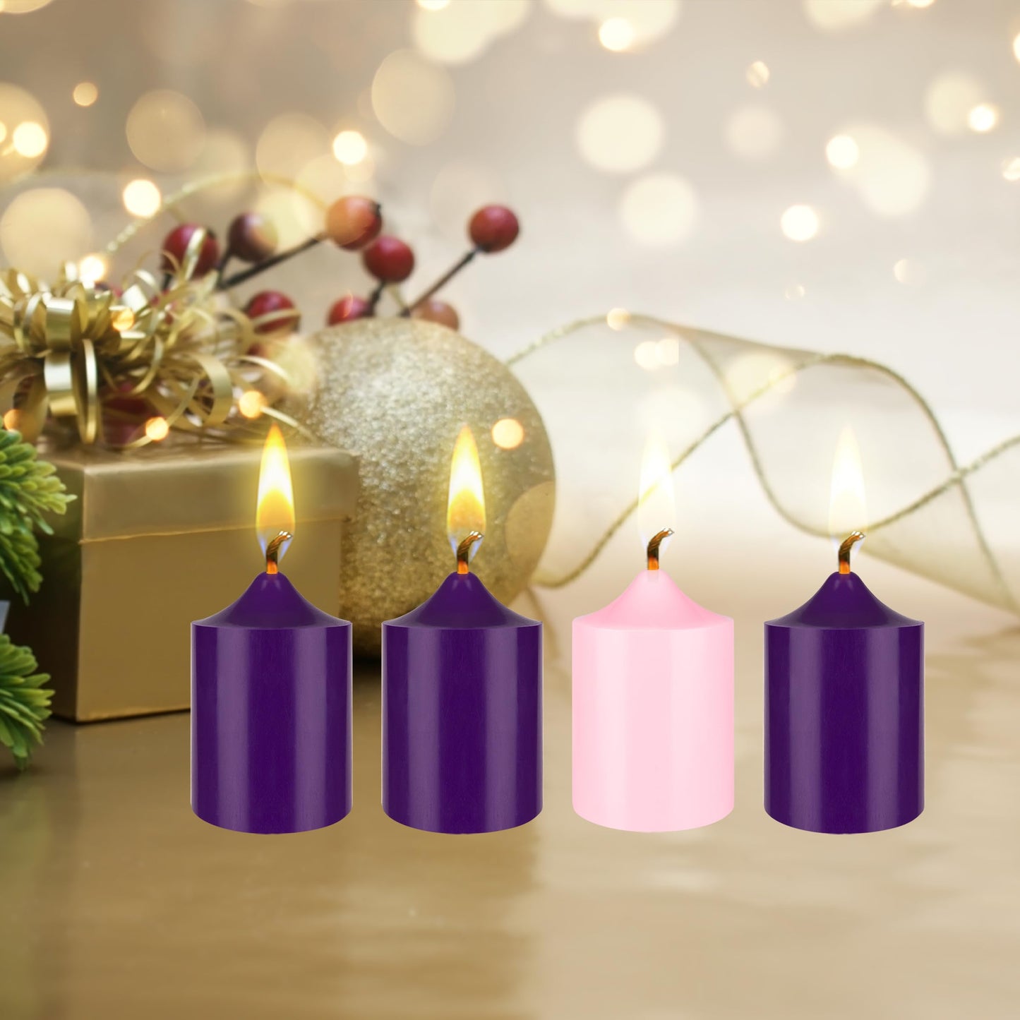 Mega Candles 4 pcs Unscented Christmas Advent Candles Set, Hand Poured Premium Wax Bell Top Round Pillar Candle 2 Inch x 3 Inch, Holidays, Festivities, Devotional, Church, Wreath, Party, Gifts