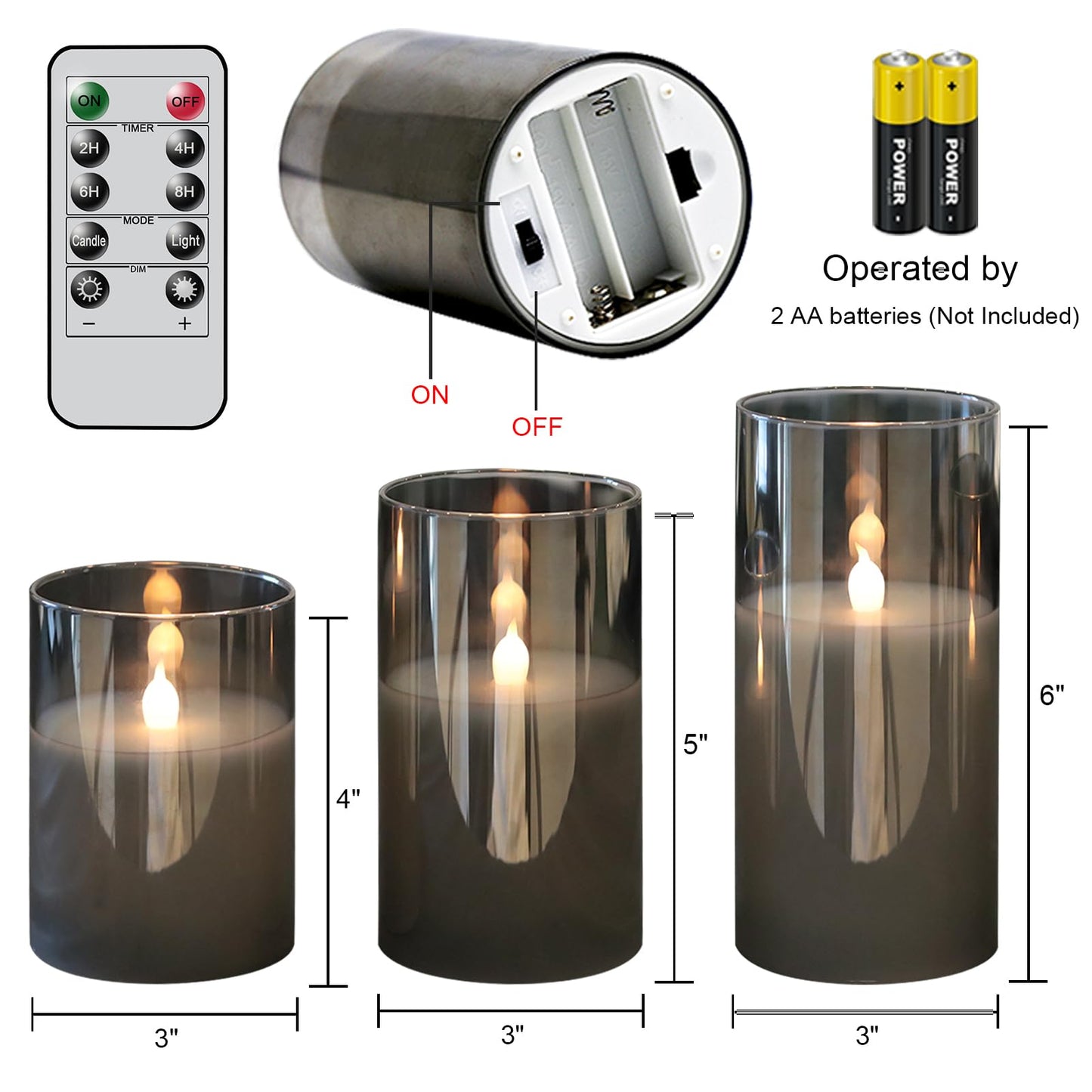 GenSwin Gray Glass Battery Operated Flameless Led Candles with 10-Key Remote and Timer, Real Wax Candles Warm White Flickering Light for Home Decoration(Set of 3)