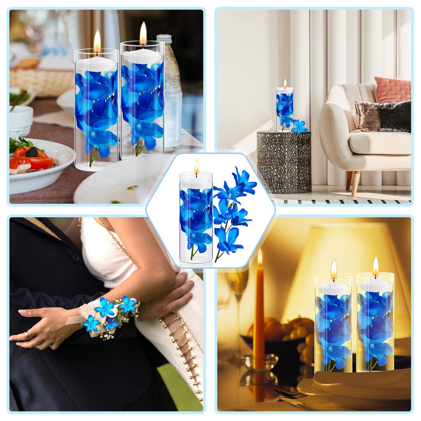 Juexica 28 Pieces Floating Flowers for Centerpieces Blue Orchid Flowers Vase Fillers Unscented Floating Candles for Wedding Table Party Home Decoration