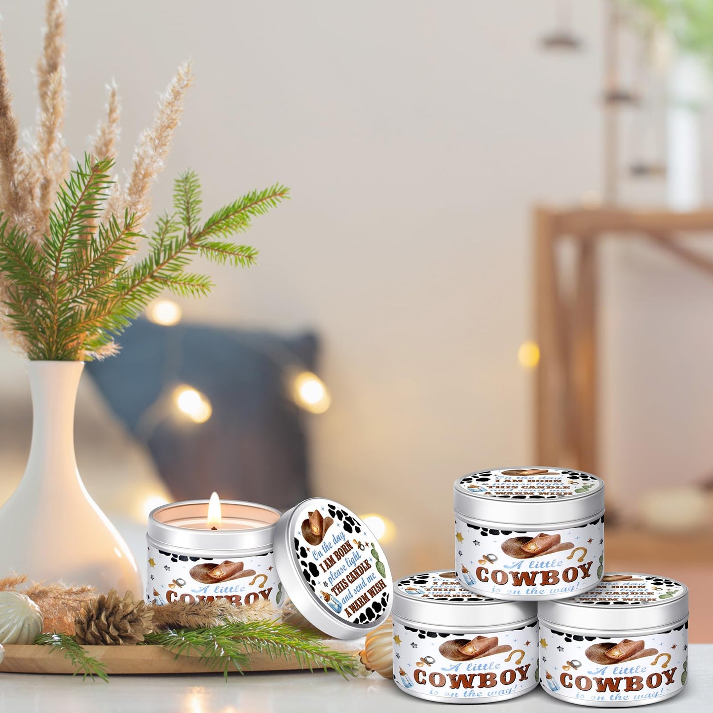 MTLEE 24 Pcs Cowboy Baby Shower Party Favors Candles Lavender Scented Baby Shower Favors for Guests Rustic Tealights Candles Gender Reveal Return Gifts (1.2 oz, White)