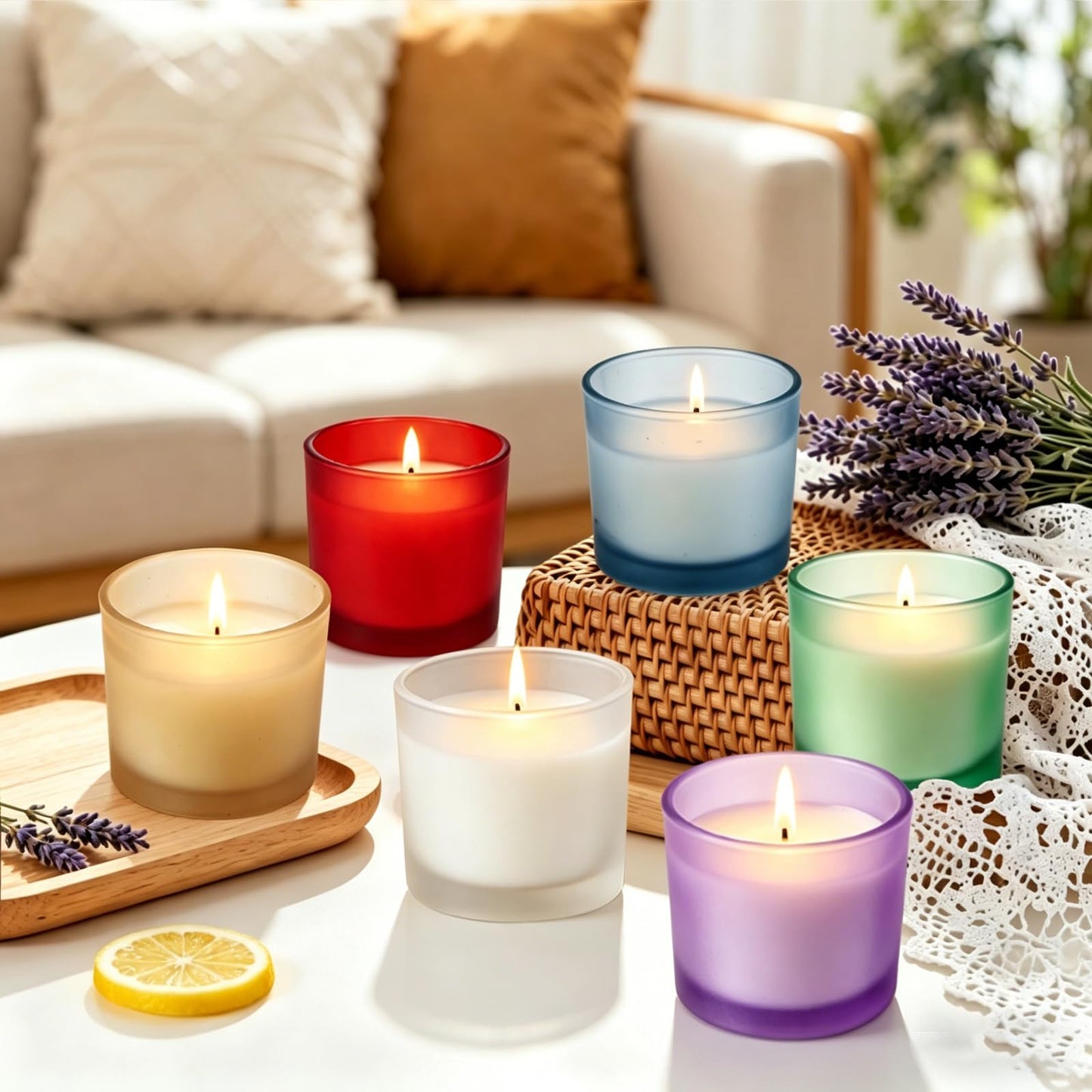 Set of 4 White Unscented Soy Candles, Purple Glass Filled Votive Candles, Hand Poured Wax Candle for Home Décor Aromatherapy Spa Holidays Party and Weddings