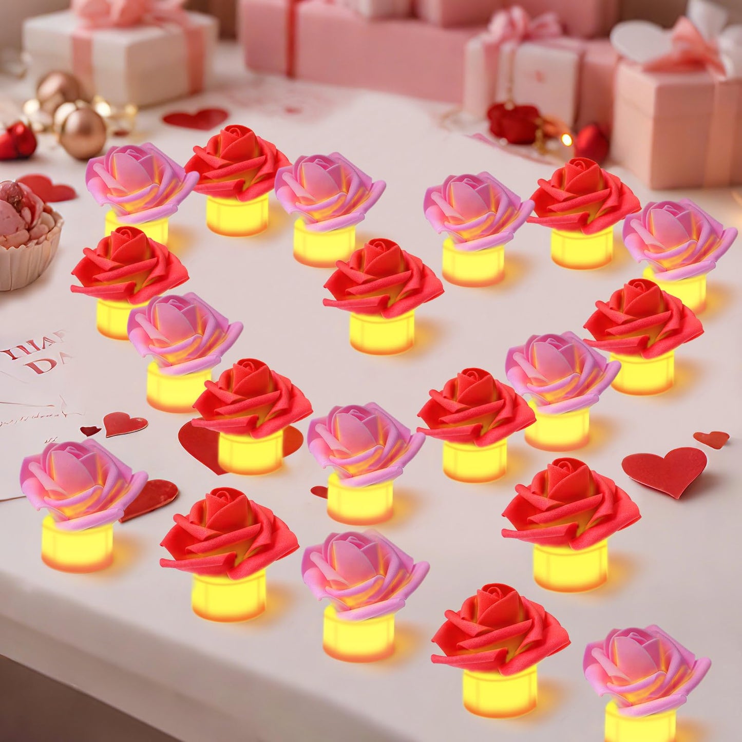 YBB 24 Pack Artificial Rose Tea Light, Valentine's Day Rose Petals Flameless LED Candle Lights for Romantic Night Anniversary Wedding Party Decor