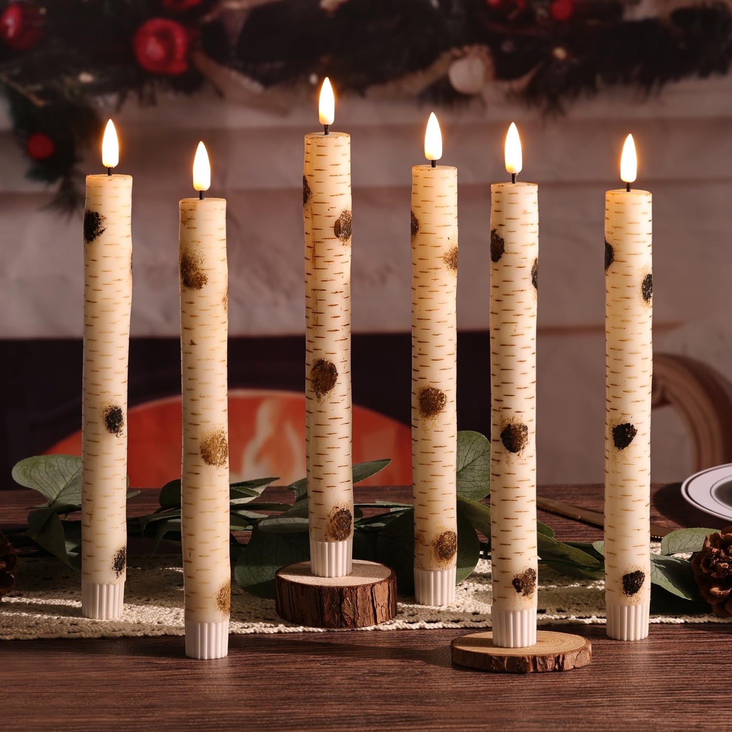 Girimax Birch Bark Flameless Taper Candles with Remote, Flickering Battery Wood LED Candlesticks Set of 6