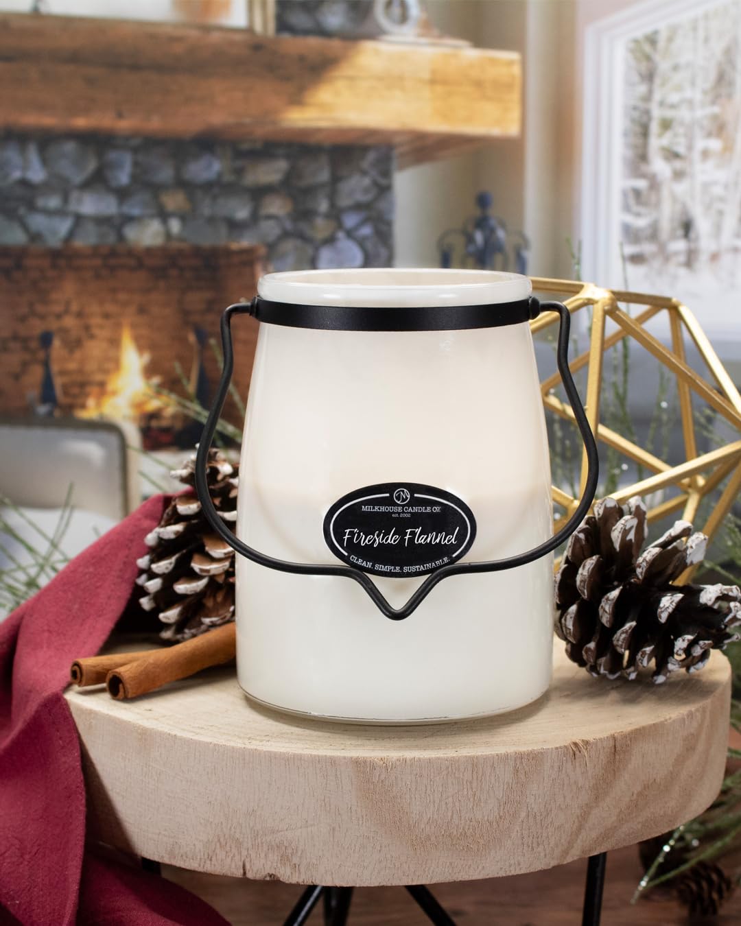 Milkhouse Candle Company Fireside Flannel Soy Candle - Amber & Tobacco | Fir & Balsam | Bergamot & Mountain Air - 22 oz Butter Jar with Lid, 120+ Hour Burn Time, Made in the USA