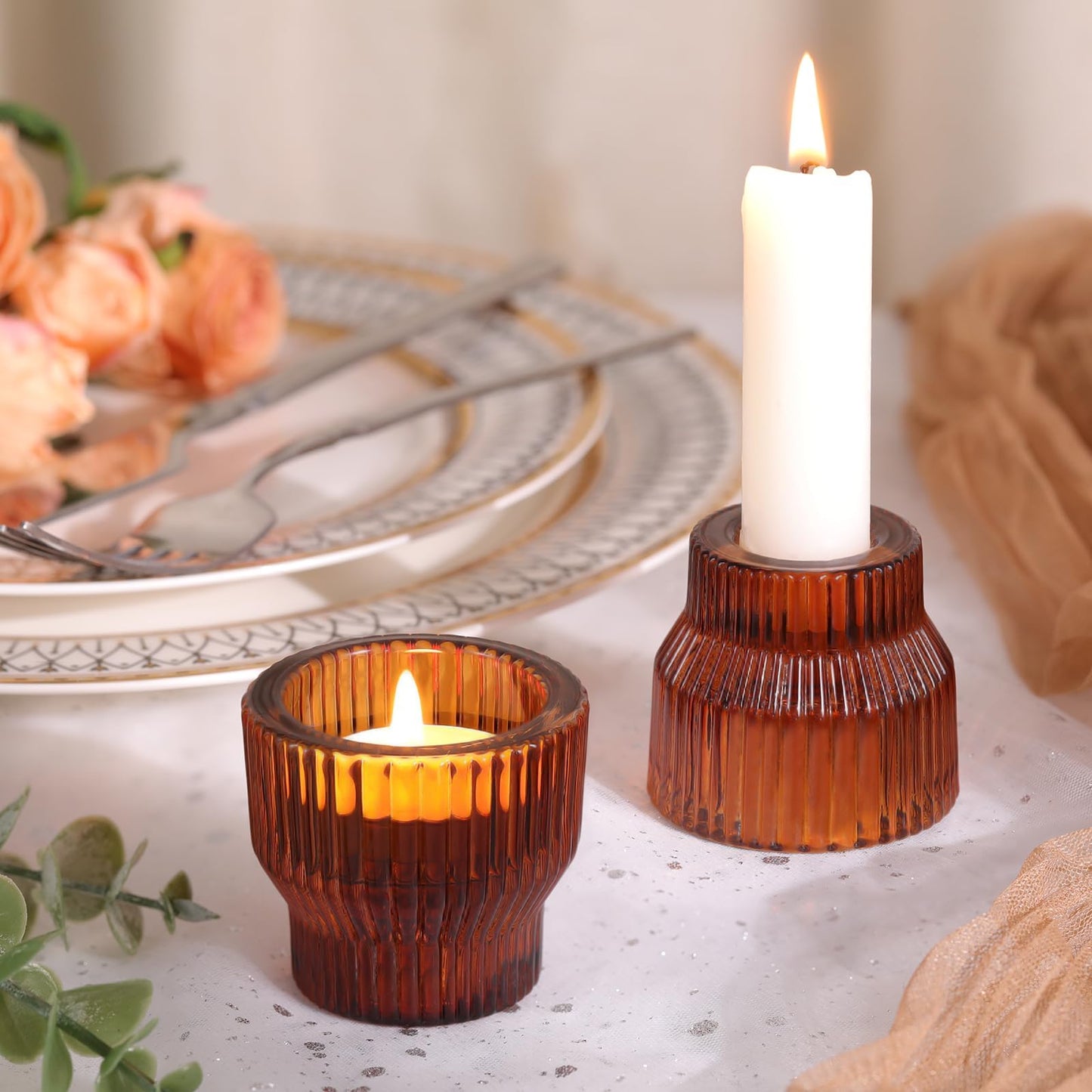 HAVITI 12 Pack Amber Taper Candle Holders, Glass Candlestick Holders, Tea Light Candle Holder for Fall Wedding Centerpieces Table Decorations, Votive Candle Holders for Table Decor