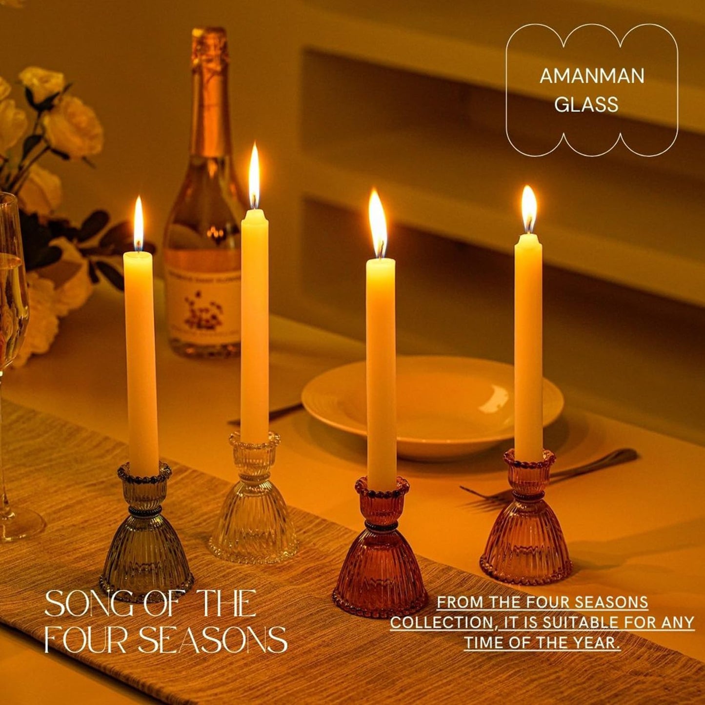 Amanman Candle Stick Candle Holders, 2024 Mixed 4pcs Candle Holder for Taper Candles, Carols of The Seasons 4colors Glass Candle Holders for Table Centerpiece and Shelves