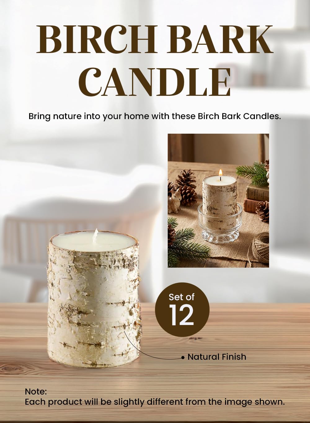 Serene Spaces Living Birch Bark Candle, Small Size, Set of 12 – Pillar Style Candle Brings Nature Indoors, Ideal for Weddings, Parties, Events, Restaurants, Home Decor, 3" in Diameter & 4" Tall