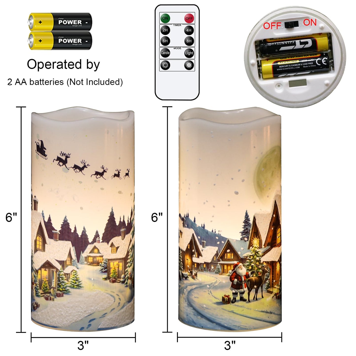 KunSwenn Christmas Flameless Candles, Christmas LED Battery Operated Candles with Remote Timer, Set of 2 Pillar Candle with Snow House, Santa, Reindeer Decals for Holiday Winter Decor(D6” x H3”)