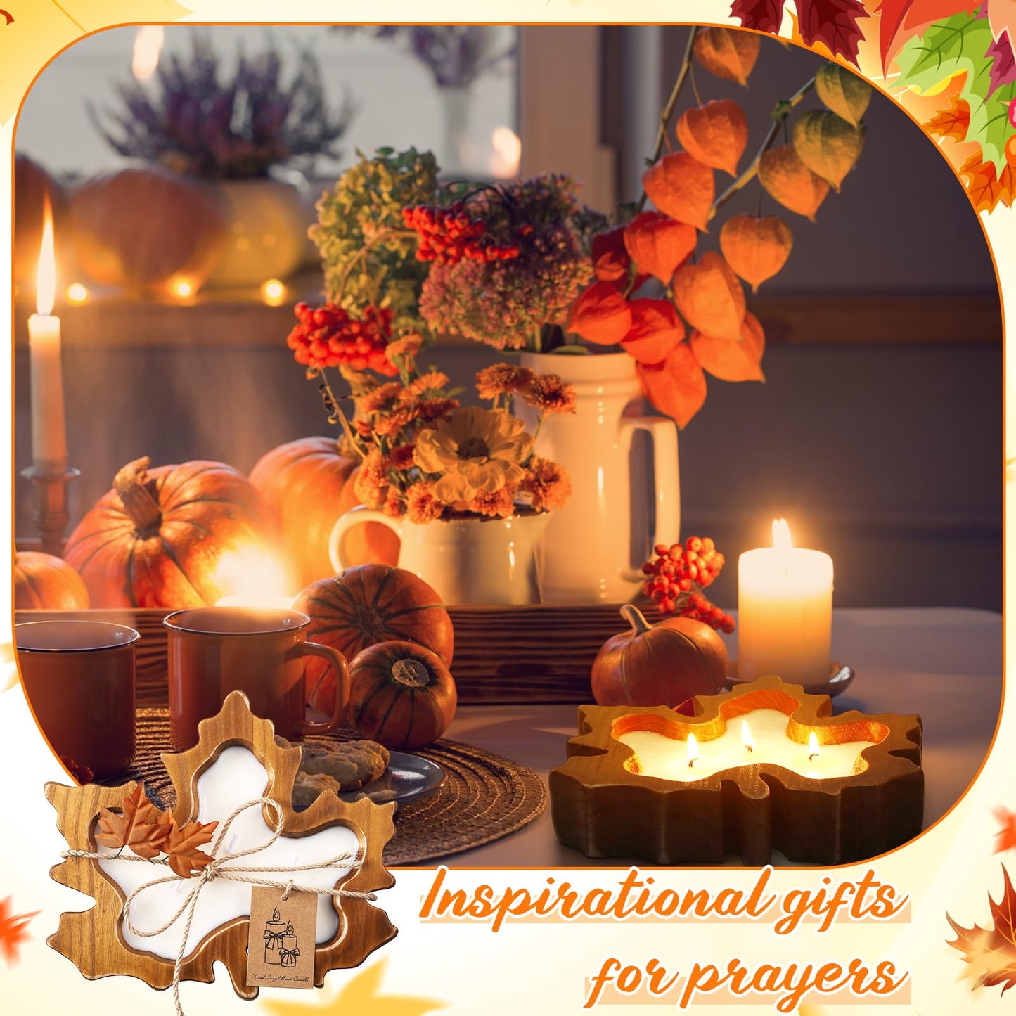 MTLEE 2 Pack Fall Wood Dough Bowl Candle, 8" Rustic Wooden Scented Candles, Farmhouse Autumn Decor for Thanksgiving Table, Home, Cozy Fall Gifts for Friend, Family(Wreath Scent,Maple Leaf)