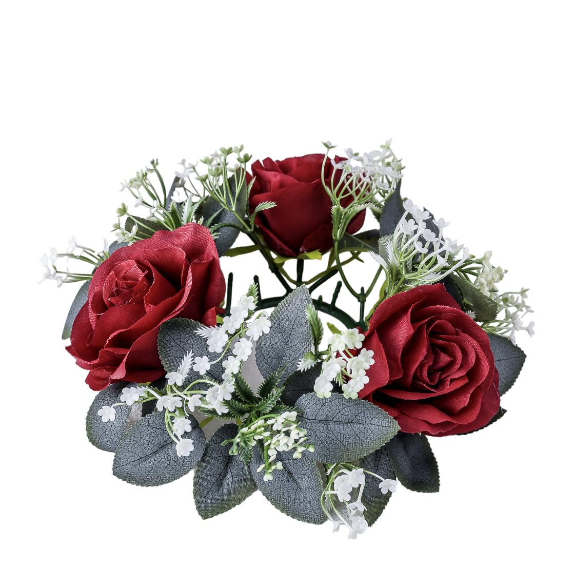 2 Pack Christmas Candle Rings Wreaths,Artificial Rose Floral Wreaths with Eucalyptus Leaves Greenery Small Wreath for Pillar Cabinet Wedding Centerpiece Party Home Table Decor (Red)
