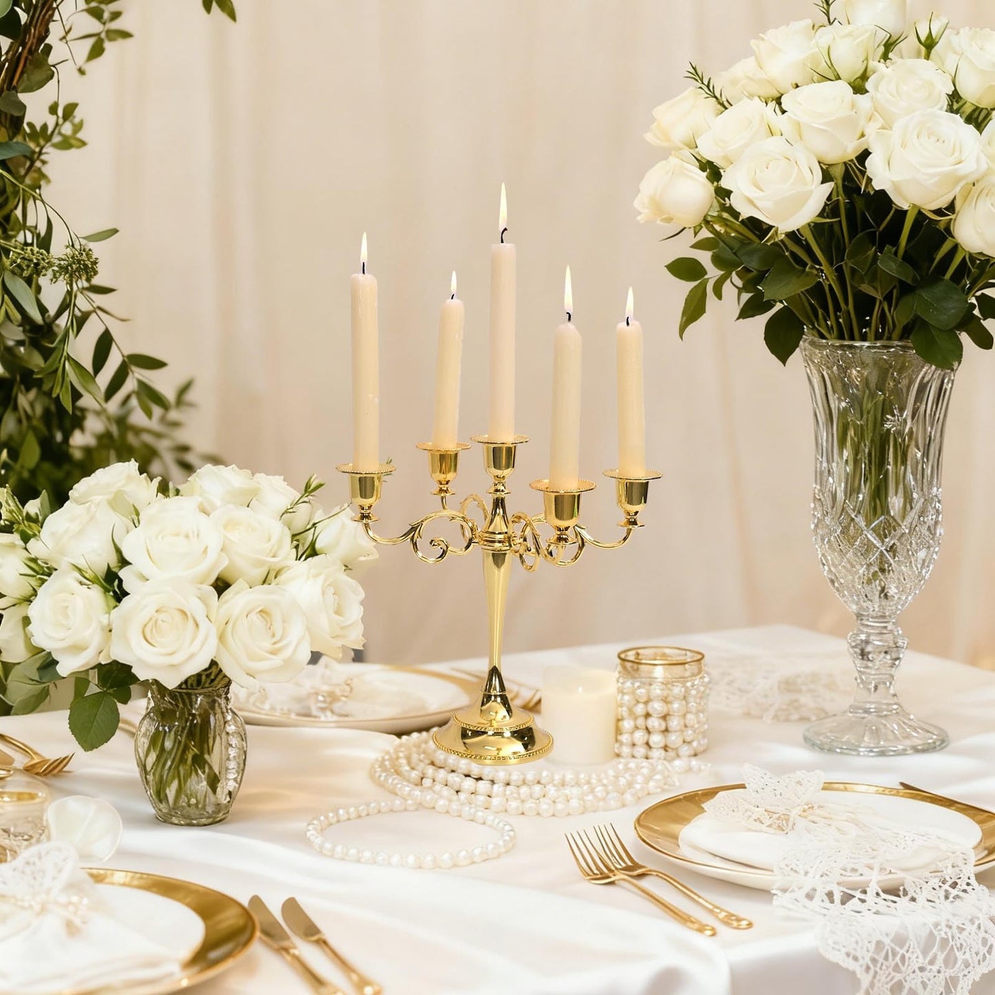 Gold 5 Arm Candelabra Candlestick 10.2 Inch Tall Metal Candle Holders Classic 5-arms Polished Taper Candle Holder Centerpieces for Home Decor Dining Tables Wedding Church Christmas Holiday Events