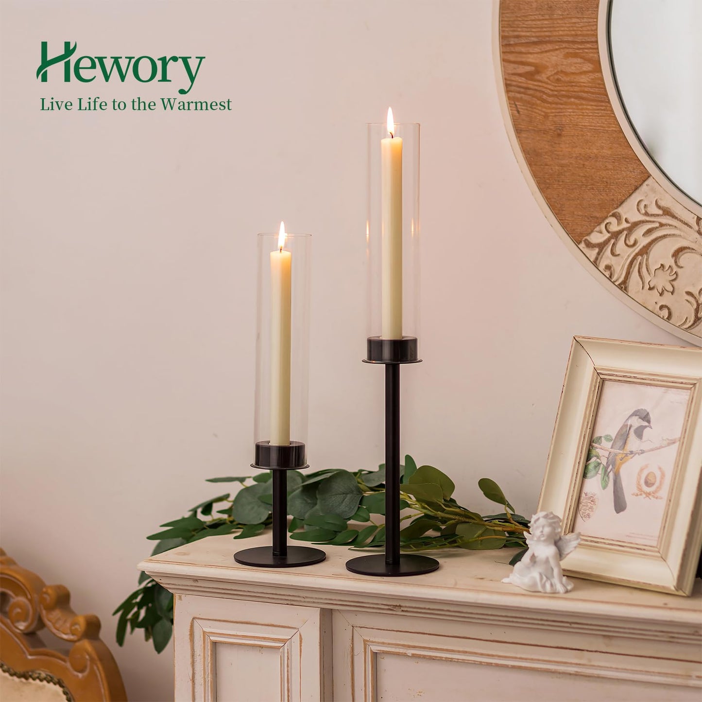 Hewory Black Candlestick Holders Hurricane Candle Holder, 12Pcs Candle Stick Candle Holder Candelabra, Taper Candle Holders with Glass Candle Cover for Wedding Table Centerpiece Christmas Decor