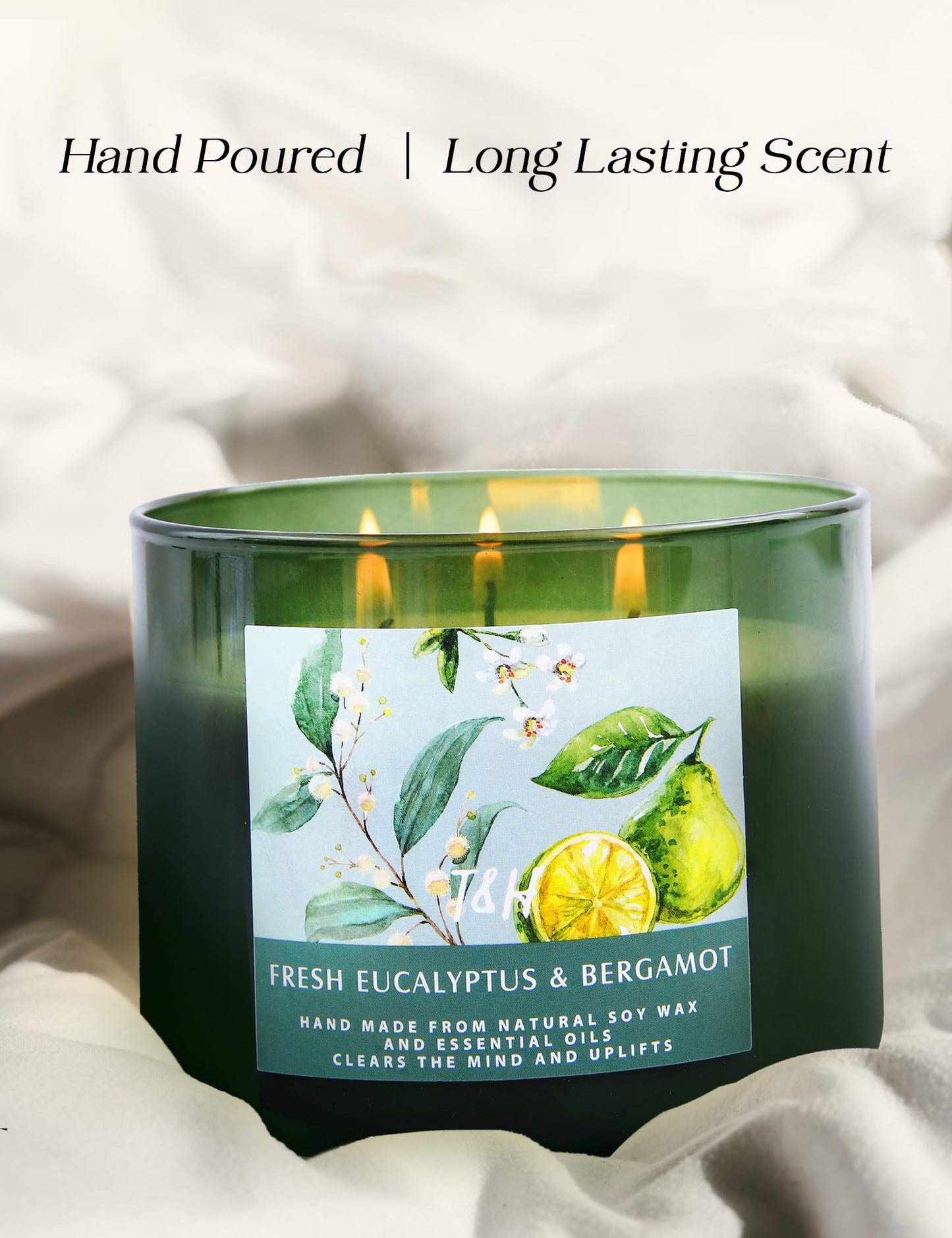 Eucalyptus Bergamot 3 Wick Candle for Home Scented | 15.8 oz Large Soy Candle | Spa Aromatherapy Candles for Home Stress Relief Relaxation | Clean Burn | Gift for Women & Men Housewarming