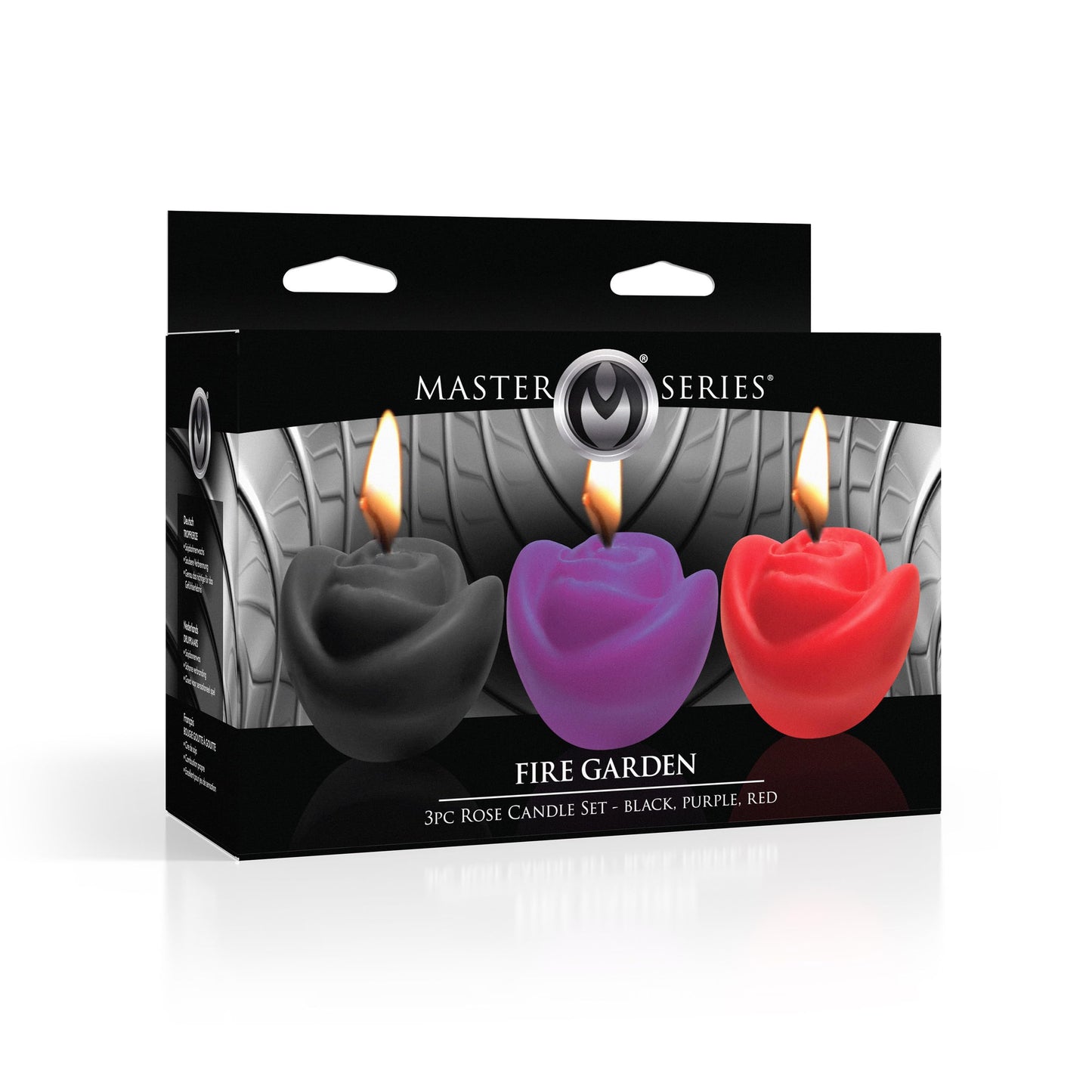 MASTER SERIES Fire Garden 3pc Rose Candle Set for Wax Play – Unscented, Low Melting Point for Beginners, Couples, Men & Women – Pairs with Rose Candle Holder – Black, Purple, Red, 3 Pieces.