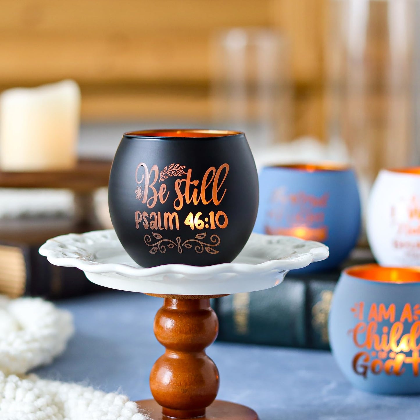 Christian Gifts for Men, Glass Candle Holders Set, Blue Tealight Votive Holders with Bible Verses, Religious Birthday Gifts for Dad, Brother, Son, Him, Coworker, Unique Spiritual Gifts for Men