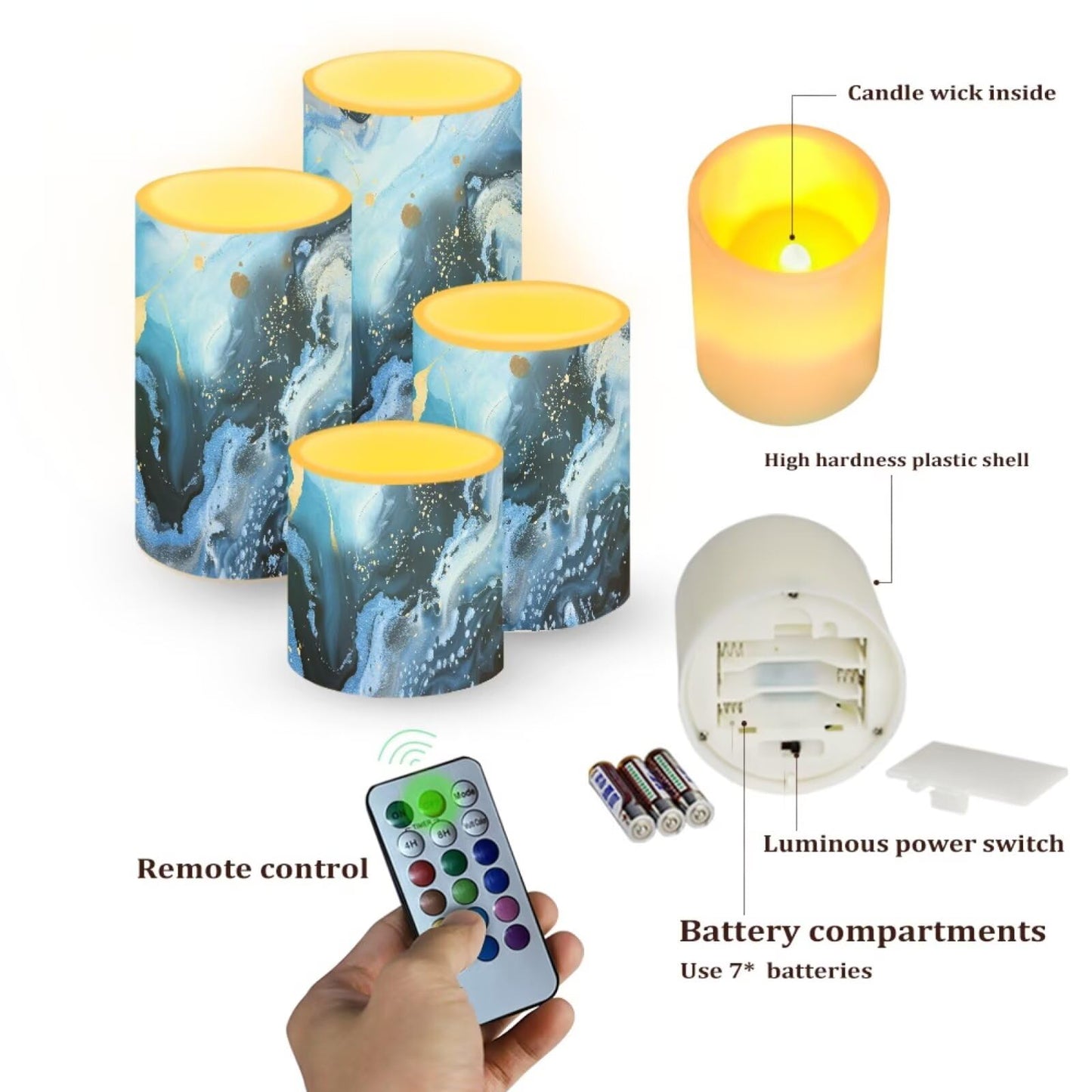 NETILGEN Home Party Decorative Flameless Candles with Timer Remote Control LED Pillar Color Changing Candles Set of 4 Blue Marble Print