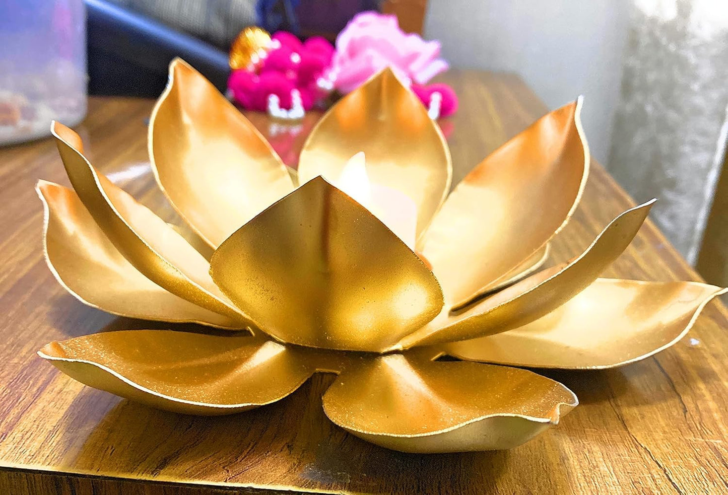 Agaas Enterprises Golden Metal Big Size 7 inch Table Lotus Flower T-light /Tealight Holder Diwali Diya Decoration Item | Diwali decoration | Home decoration |Tealight Candle Holder Votive Candle