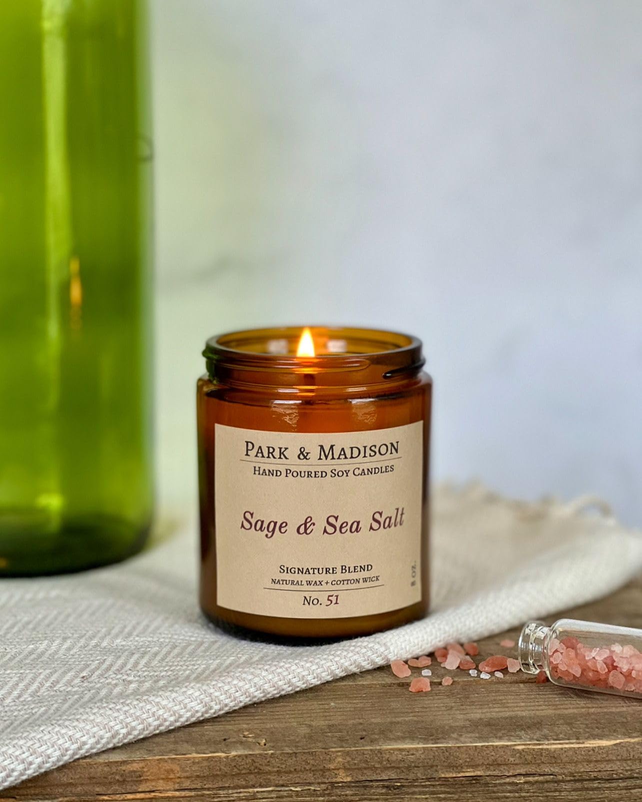 Park & Madison Sea Salt & Vetiver Soy Candle โ Refreshing Earthy Scent with Ocean Air, Aquatic Florals & Warm Musk โ Eco-Friendly Amber Jar, Non-Toxic, Long-Lasting Scented Candle (4 oz)
