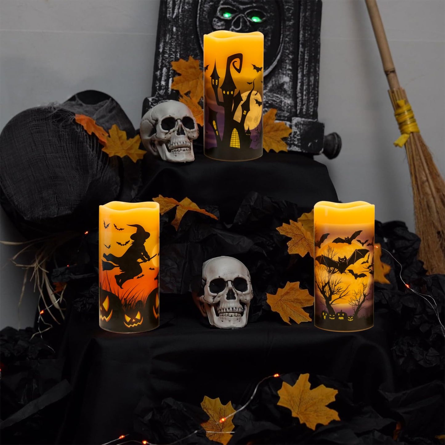DRomance Rechargeable Halloween Flameless Candles Battery Operated with 6 Hour Timer Real Wax Flickering LED Pillar Candles Bats Witch Pumpkin Dinner Halloween Indoor Deocration(3 Pack, 3" D x 6" H)