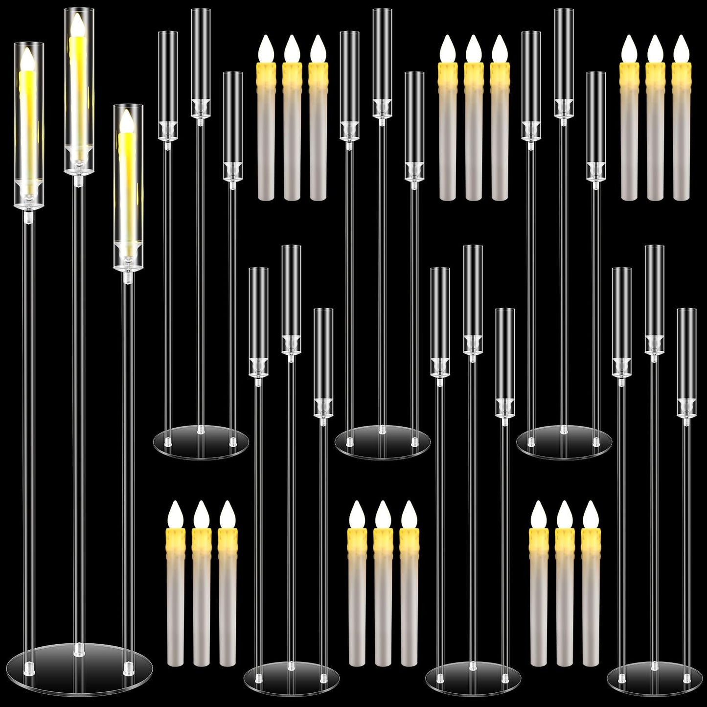 Havawish 6 Set Acrylic Candelabra Centerpieces 3 Arms with 18 LED Candles 42.5'' Floor Tall Candle Holders with Acrylic Shade Wedding Clear Table Candlesticks Stand Fit 0.8'' for Party