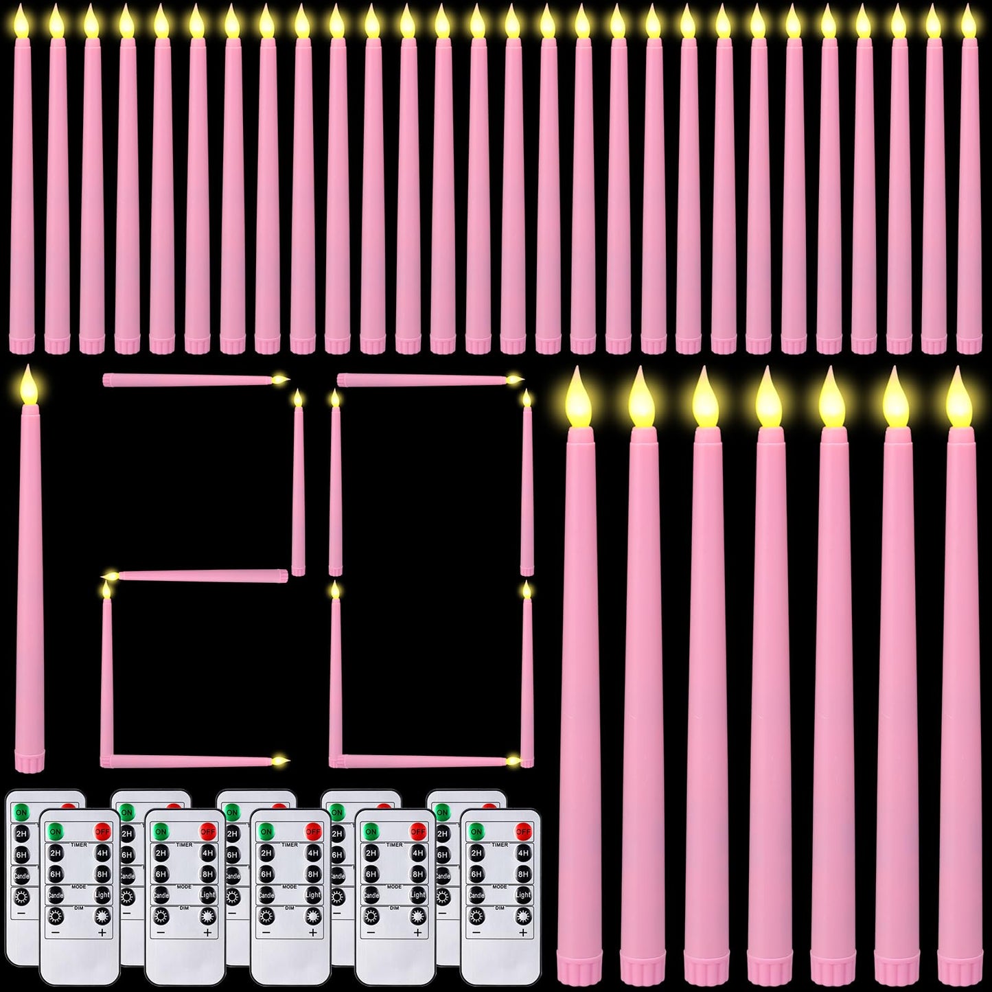 Baquler 120 Pcs Flameless Taper Candles with Remote and Timer 11" Battery Operated Candlesticks LED Flickering Faux Candles Warm Light for Wedding Holiday Party Home Decor (Pink)