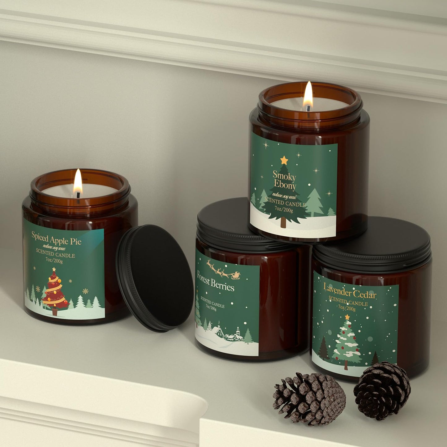 Christmas Candles Gift Set for Women, Scented Soy Candles for Home, 4 Pack 7 oz Fall Fragrance of Smoky Ebony/Spiced Apple Pie/Lavender Cedar/Forest Berries