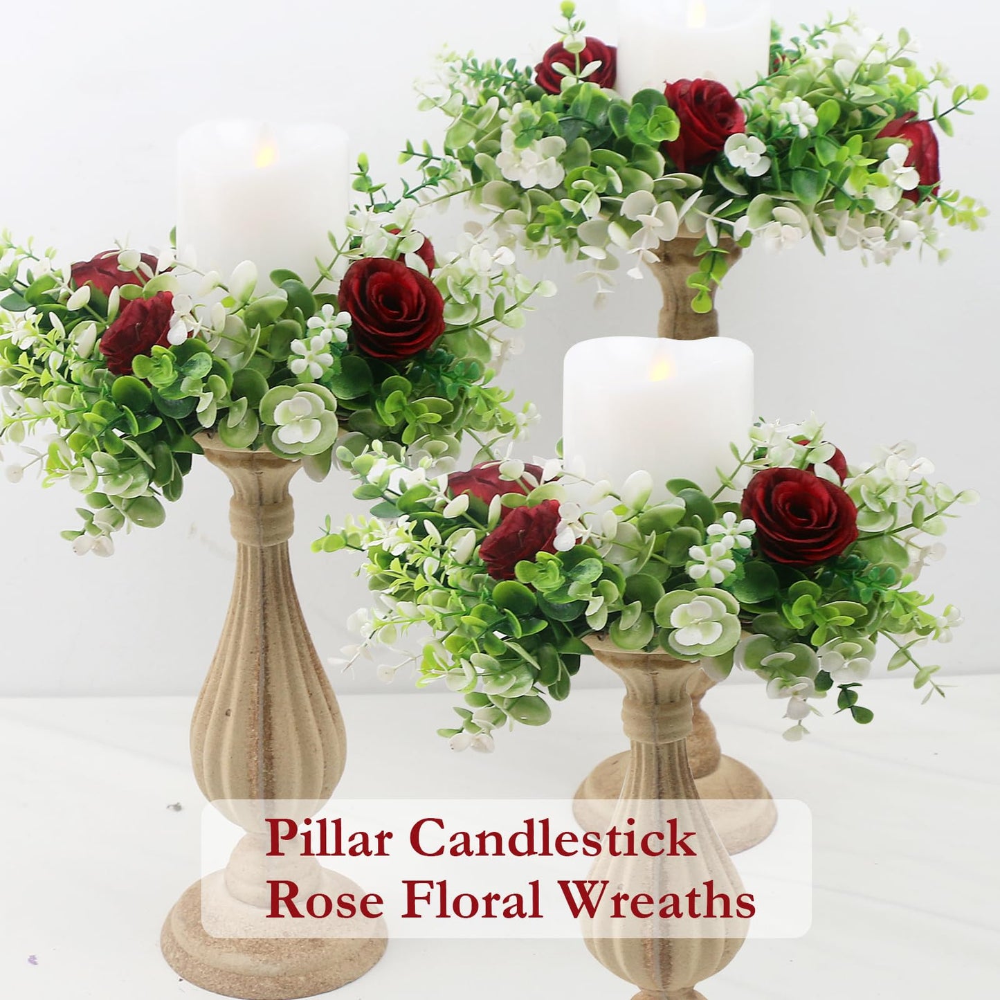 Acmee 4 Pcs Rose Floral Candle Rings Artificial Burgundy Flowers Wreaths with Green Eucalyptus Leaves Rose Candle Rings for Pillar Wedding Farmhouse Centerpiece Home Decor