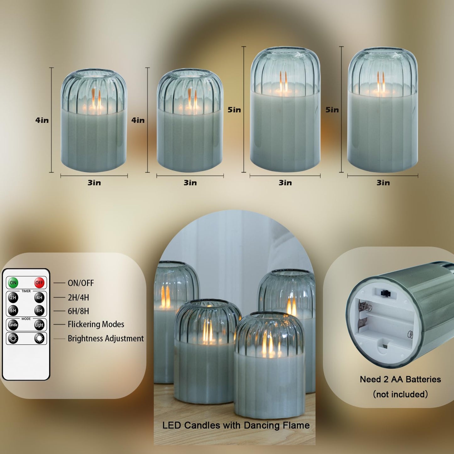 Lezonic Glass Flameless Candles Battery Operated with Remote, Dancing Flame LED Flickering Pillar Candles, Set of 4 Real Wax St. Patrick's Day Gift Fall Decorations for Home Room Decor (Pumpkin Green)