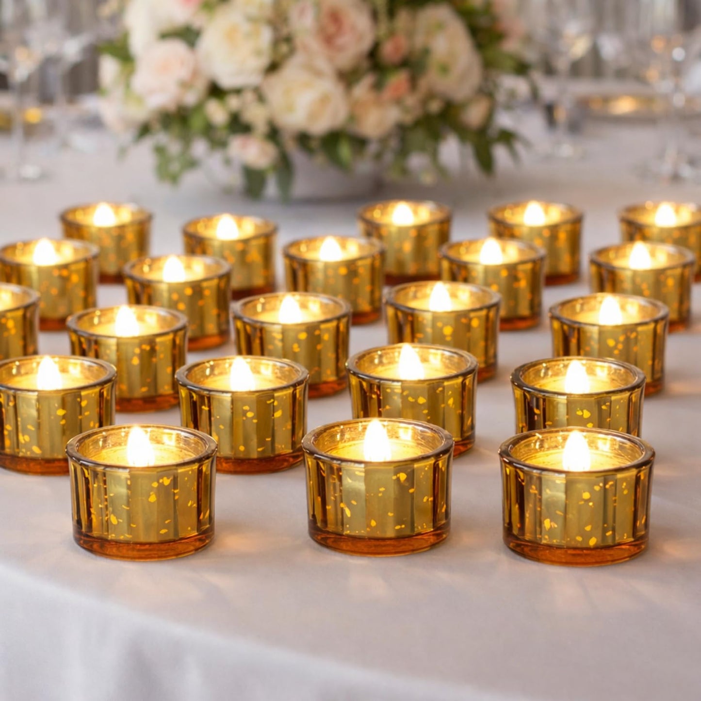 Mumufy 50 Pcs Glass Tealight Candle Holder Ribbed Votive Candle Holder for Centerpiece Wedding Proposal Spa Aromatherapy Meditation Home Decor (Gold)
