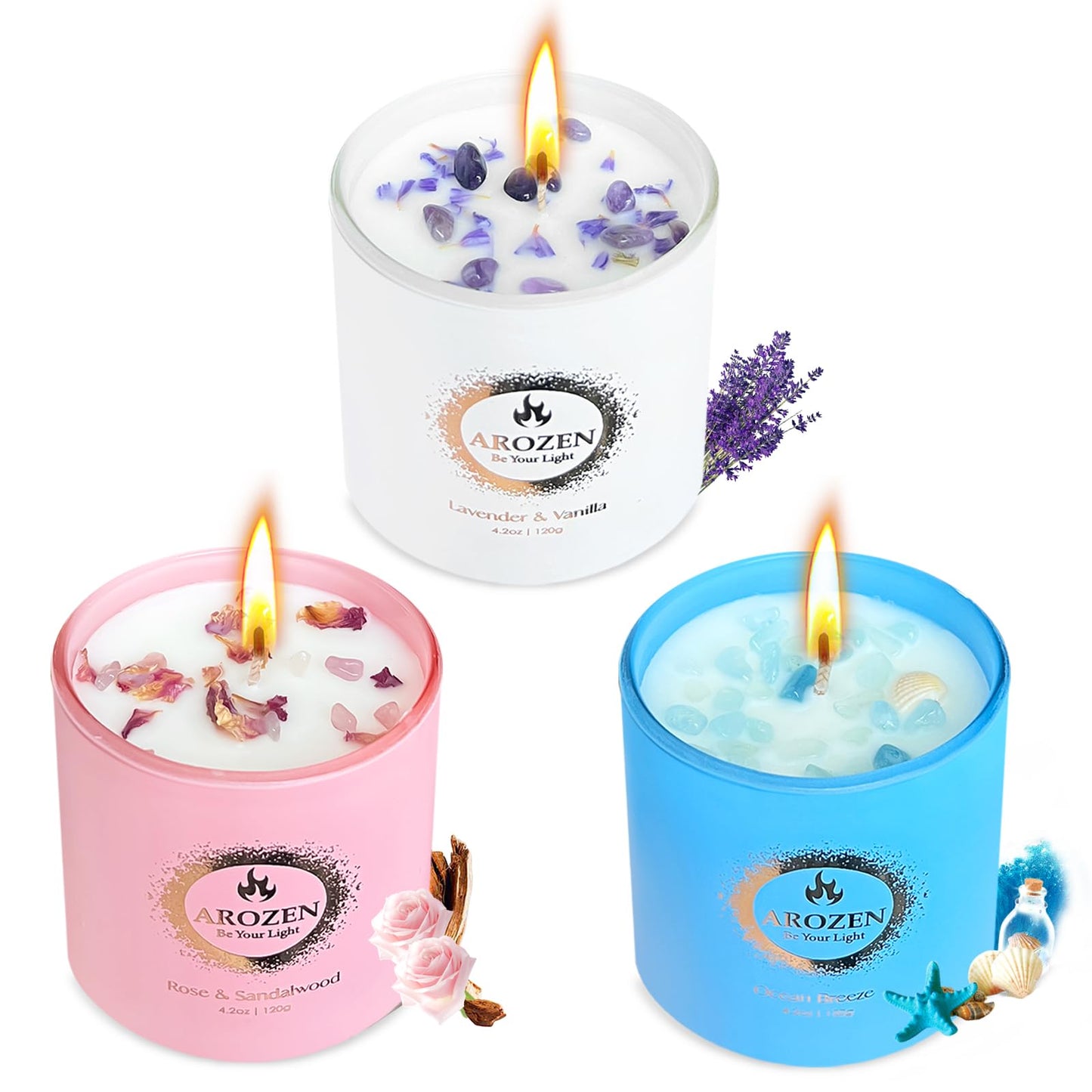 AROZEN 3 Pack Scented Candles Gift Set for Women – Lavender, Ocean, Rose Soy Candles with Crystals & Seashells, 70-Hour Total Burn Time, Aromatherapy Candle Set for Home Decor, Mother’s Day Birthday