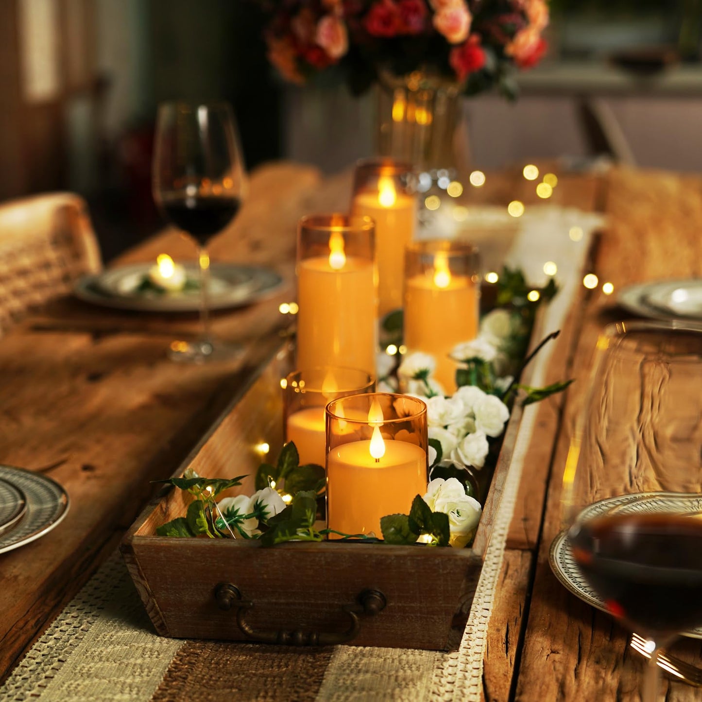 Homemory Amber Flickering Flameless Candles, Battery Operated Acrylic LED Pillar Candles with Remote Control and Timer, Fall Candles, Set of 5