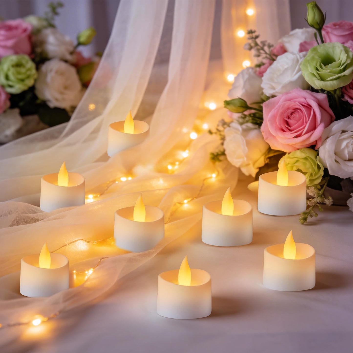 Eloer Dual-Flame Flickering Flameless LED Tealight Candles, 50 Pack Battery Operated Tea Lights with Realistic Warm Yellow Glow, 200+ Hour Long-Lasting Fake Candles for Home Wedding Votive Decor