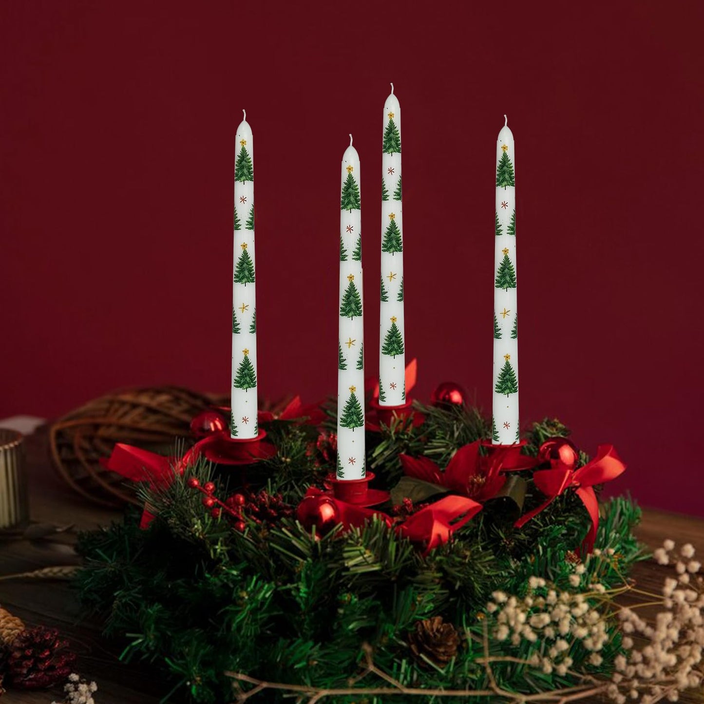 Floral Taper Candles 10 Inch Tall Unscented Handmade Christmas Trees Print Long Burning Elegant Candlesticks for Holiday Decor Gifts