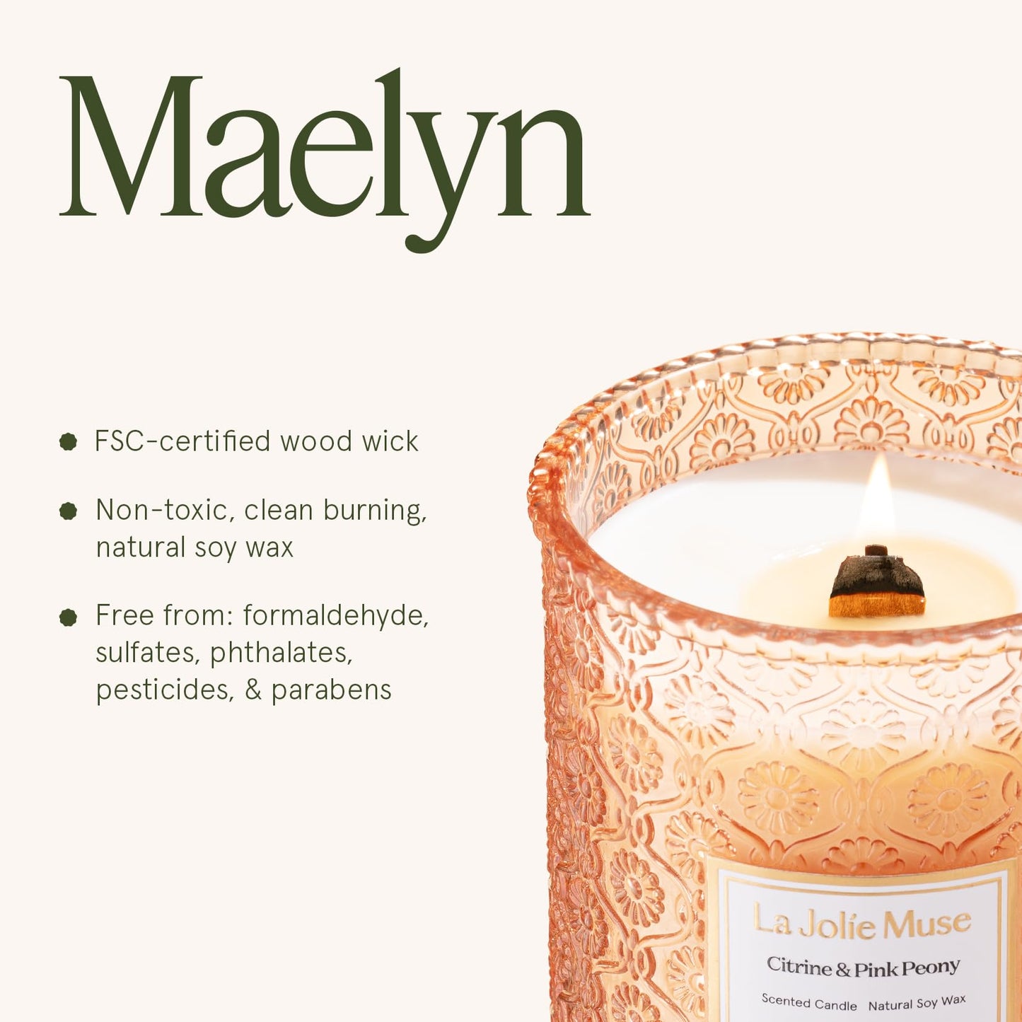 LA JOLIE MUSE Citrine & Pink Peony Scented Candle | Bergamot, Peony & Amber | 19 oz Large Wooden Wick | Natural Soy Wax | 90-Hour Clean Burn | Gift-Ready for Hosts & Gatherings