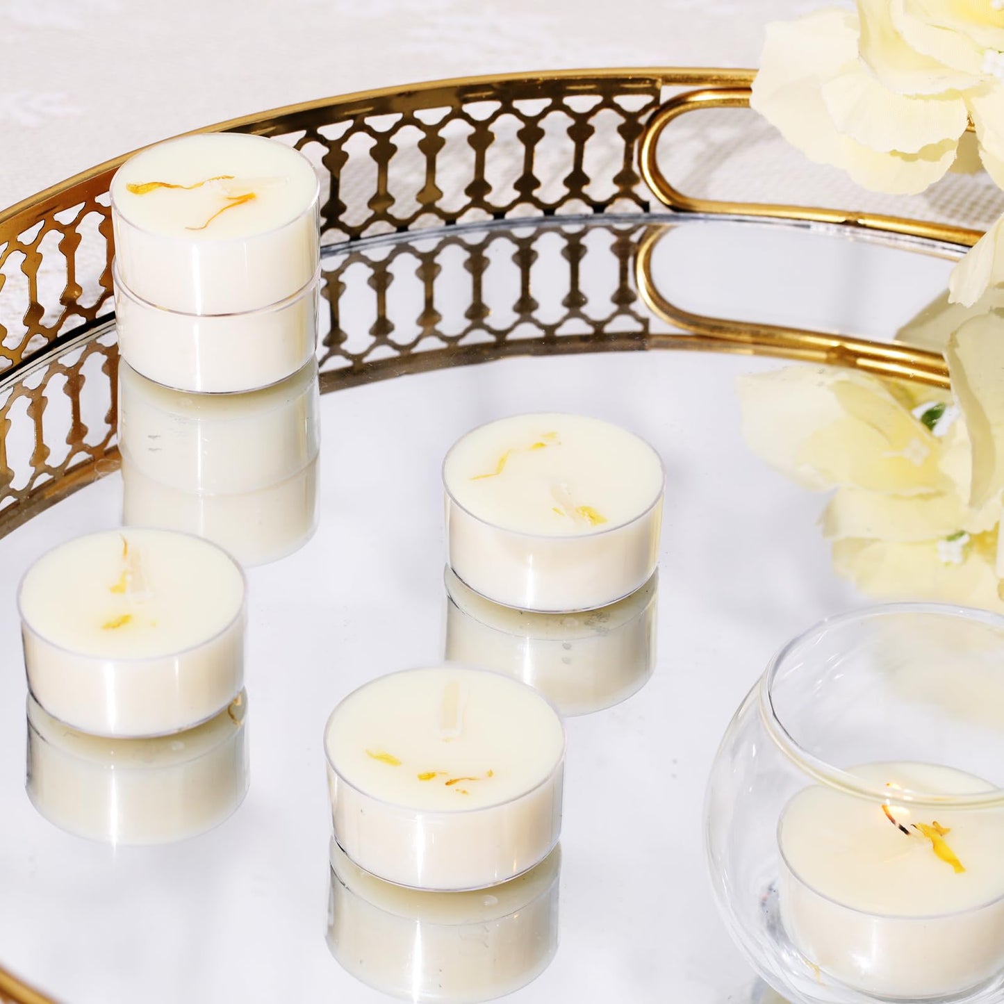 48Pcs Vanilla Scented Tealight Candles, Palm Wax White Tea Lights, 4h Long Burning Tea Light Candles with Dried Flowers for Holiday, Wedding, Spa, and Home Decoration