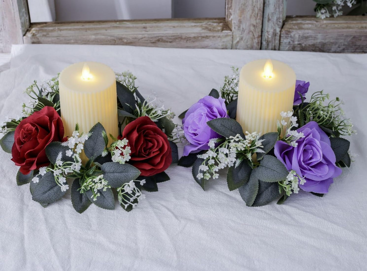 2 Pack Artificial Rose Candle Rings,Floral Wreaths with Eucalyptus Leaves Greenery Garland for Pillar Candle Lantern Wedding Centerpiece Party Home Table Decor (Purple)